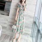 Flower Short-sleeve Midi A-line Dress Floral - Green - One Size