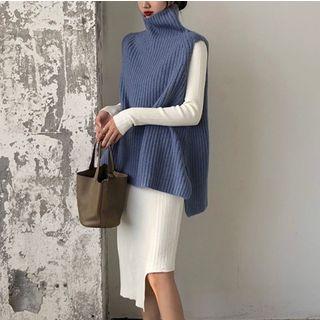 Rib Knit Vest / Long-sleeve Asymmetrical Knit Dress