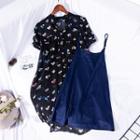 Set: Printed Short-sleeve Midi Chiffon Dress + Slipdress Black - S