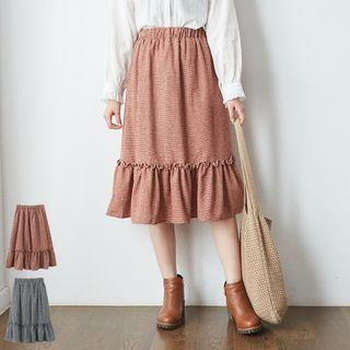 Plaid Ruffle-hem A-line Midi Skirt