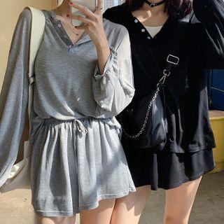 Set: Long-sleeve Hoodie + Wide-leg Sweatshorts