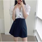 Contrast Stitching Puff-sleeve Blouse / Mini A-line Skirt