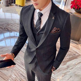 Pinstriped Single-button Blazer / Vest / Dress Pants / Set