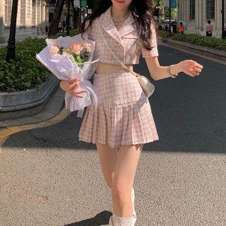 Short-sleeve Double Breasted Gingham Crop Shirt / Mini Skirt