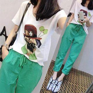 Set: Dog Print Short-sleeve T-shirt + Harem Pants