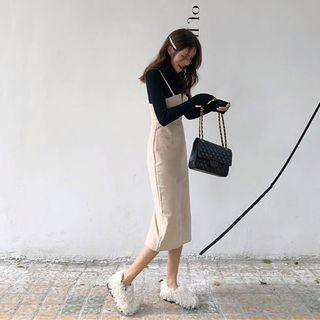 Set: Mock-turtleneck Long-sleeve Top + Midi Sheath Pinafore Dress