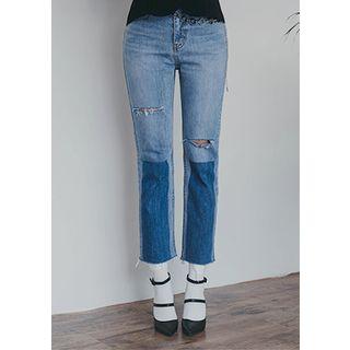Distressed Tow-tone Straight-cut Jeans