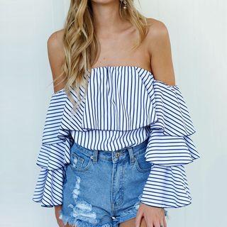 Stripe Off-shoulder Frilled Top