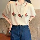 Polo-neck Flower Print T-shirt As Figure - One Size