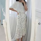 Set: Knit Top + Patterned Ruffle-hem Midi Chiffon Skirt White - One Size