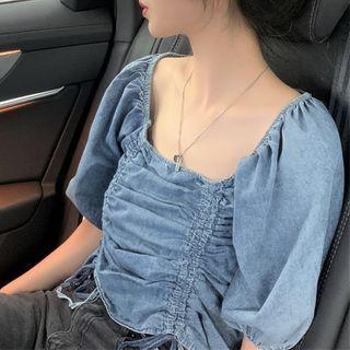 Denim Square Neck Puff Sleeve Top Denim Blue - One Size
