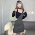 Set: Mock Two-piece Choker-neck Sheath Dress + Arm Sleeves