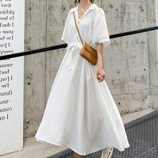 Elbow-sleeve Chiffon A-line Midi Shirtdress