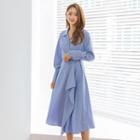 Wide-cuff Ruffled Stripe Long Wrap Shirtdress