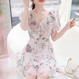 Layered-ruffle Tie-waist Floral Dress