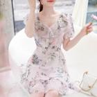 Layered-ruffle Tie-waist Floral Dress