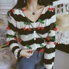 Striped Cherry Pointelle Knit Cardigan Black & White - One Size