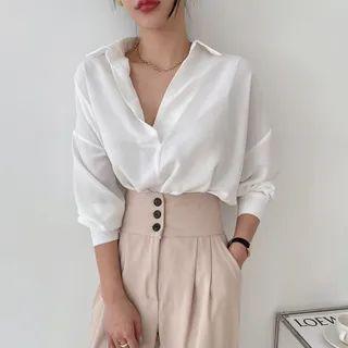 Open-placket Plain Oversize Blouse