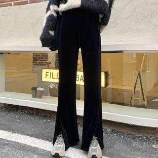 High Waist Slit-hem Velvet Bootcut Pants