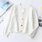 Round Neck Melange Knit Cardigan White - One Size