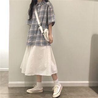 Elbow-sleeve Shirt / Midi A-line Skirt / Set