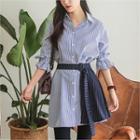 Belted-sleeve Stripe Shirt With Ruffle-trim Belt Sky Blue - One Size