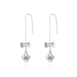 Simple Bow Earrings With White Austrian Element Crystal Silver - One Size