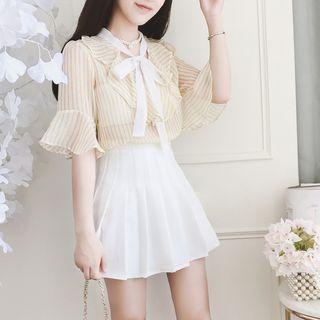 Elbow-sleeve Striped Blouse Light Yellow - One Size