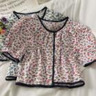 Puff-sleeve Ruched Floral Crop Shirt