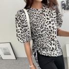 Puff-sleeve Drawcord Leopard Blouse Ivory - One Size