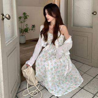 Lace Cropped Light Jacket / Spaghetti Strap Floral Print Midi Dress