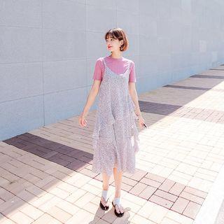 Spaghetti-strap Floral Pattern Midi Flare Dress