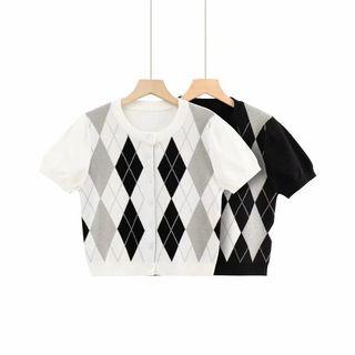 Short-sleeve Argyle Button-up Knit Crop Top