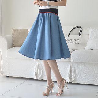 Elasticized-waist Denim Flare Skirt With Belt