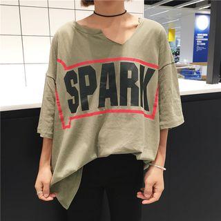 Cut Out Lettering Elbow-sleeve T-shirt