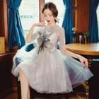 Elbow-sleeve Embroidery Tulle Overlay Dress