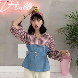 Denim Panel Plaid Blouse