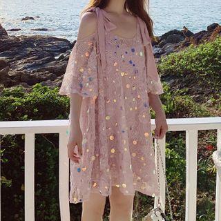 Elbow-sleeve Cold Shoulder Sequined Lace Mini Dress