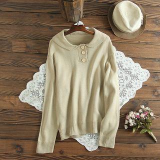 Long-sleeve Knit Polo Shirt Khaki - One Size
