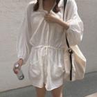 Long-sleeve Tie Waist Plain Shirt Dress White - One Size