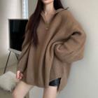Oversized Lapel Slit Long-sleeve Sweater Coffee - One Size