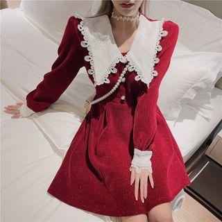 V-neck Collar Puff-shoulder A-line Dress