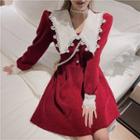 V-neck Collar Puff-shoulder A-line Dress