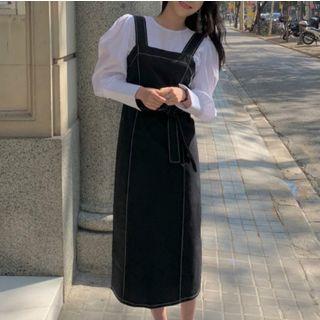 Set: Puff-sleeve Crewneck Blouse + Tie-waist Midi Pinafore Dress