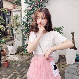 Short-sleeve T-shirt / Tiered Midi Skirt / Pouch / Set