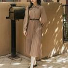 Set: Long-sleeve Collared Button-up Midi A-line Dress + Vest