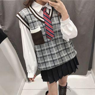 Plaid Knit Vest / Neck Tie Shirt / Pleated Skirt
