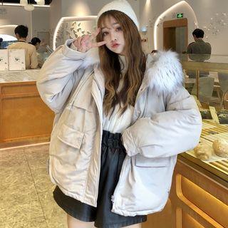 Furry Trim Hooded Padded Jacket Almond - One Size