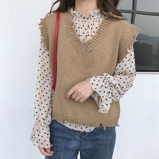 Plain V-neck Knit Vest / Dot Long-sleeve Loose-fit Blouse