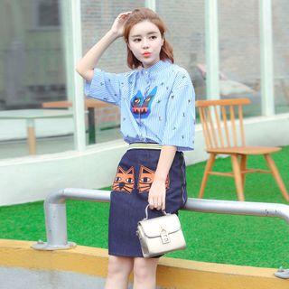 Set: Print Short-sleeve Top + Embroidered Mini Skirt